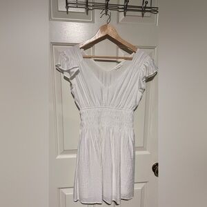 White Smocked Waist Flutter Sleeve Mini Dress
